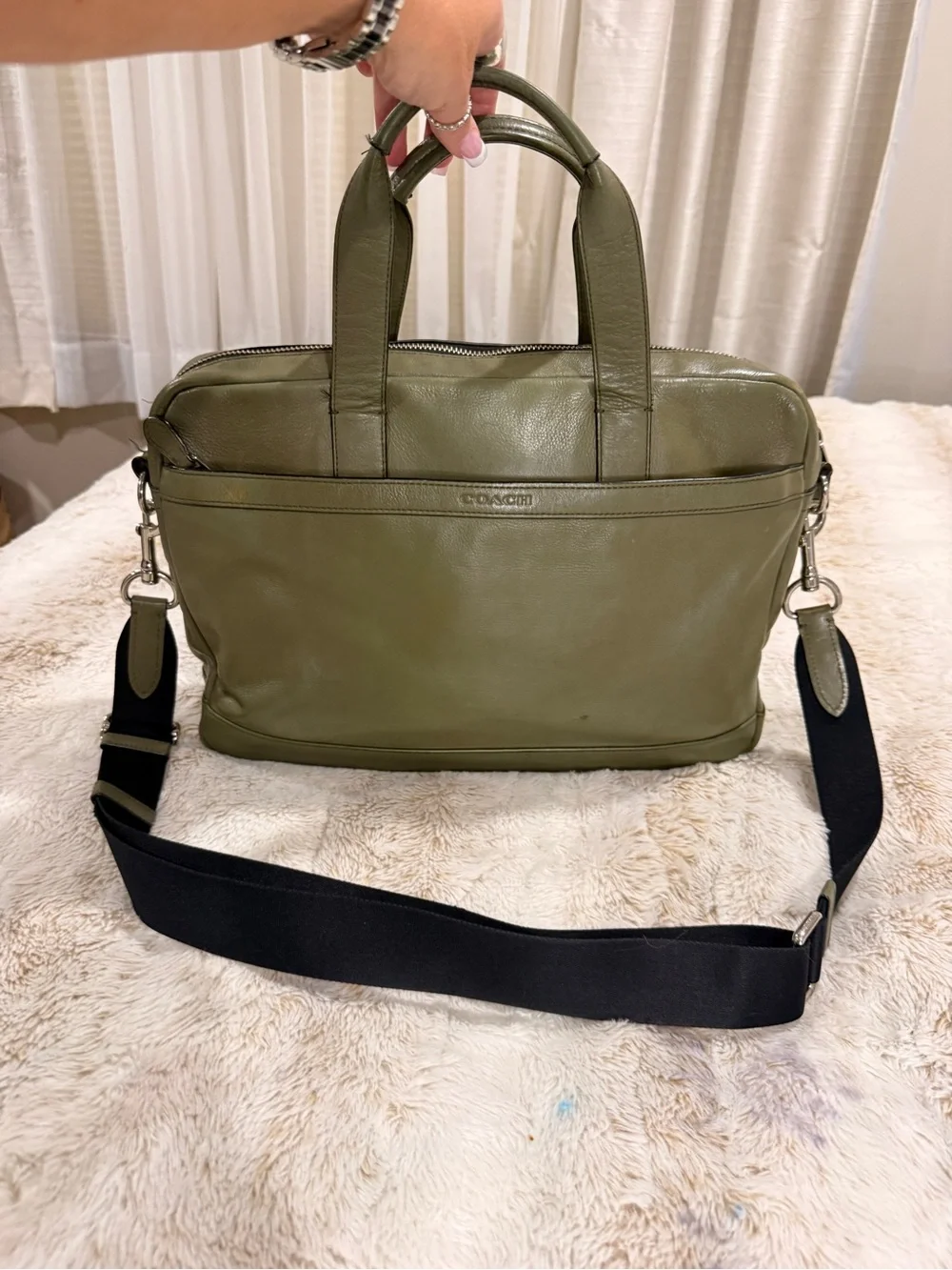 Coach Olive Green Leather Briefcase Laptop Business Bag Crossbody Messenger